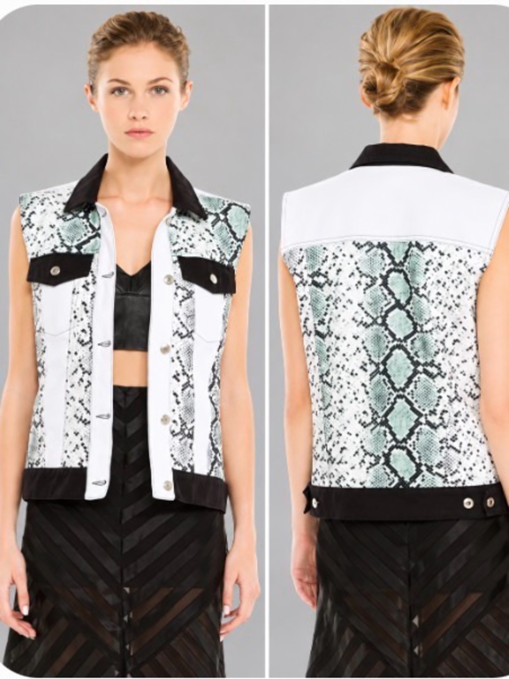Sandro White and Mint Snake-Print Sleeveless Vest with Black Trim